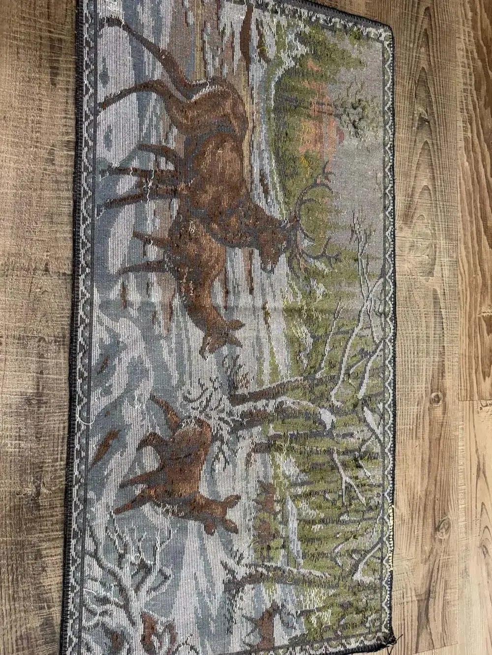 Vintage Velvet Deer Tapestry Winter Landscape Wall Hanging Rug Italian Made